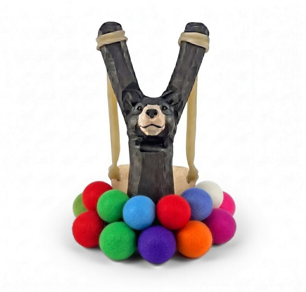 Wooden Bear Slingshot + Felt Ammo (pack of 10)