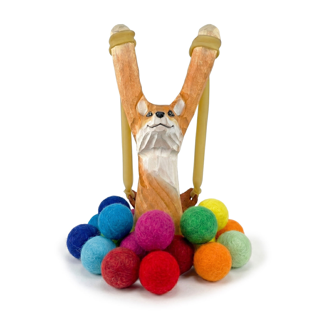 Wooden Fox Slingshot + Felt Ammo (pack of 10)