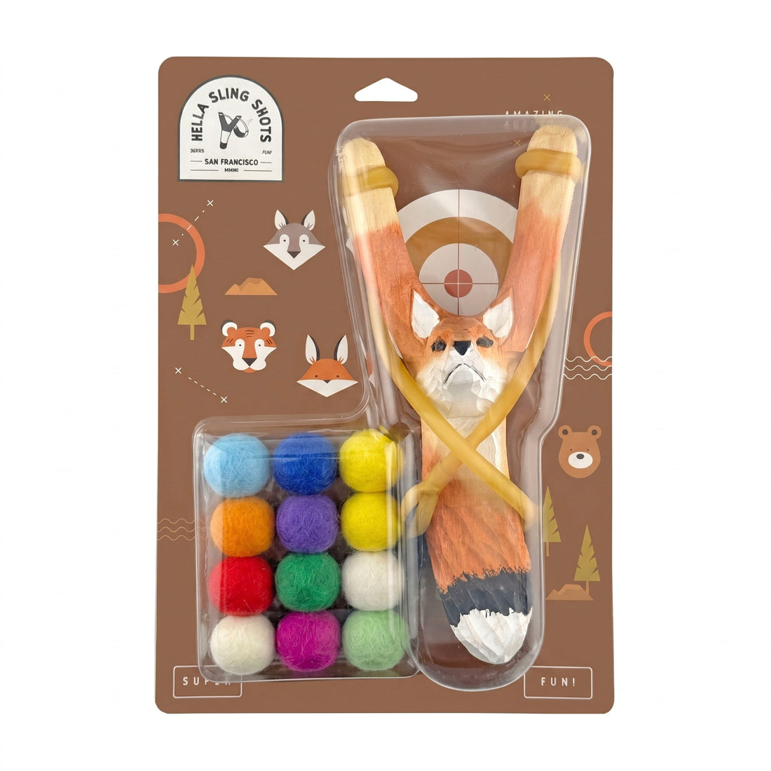 Wooden Fox Slingshot + Felt Ammo (pack of 10)