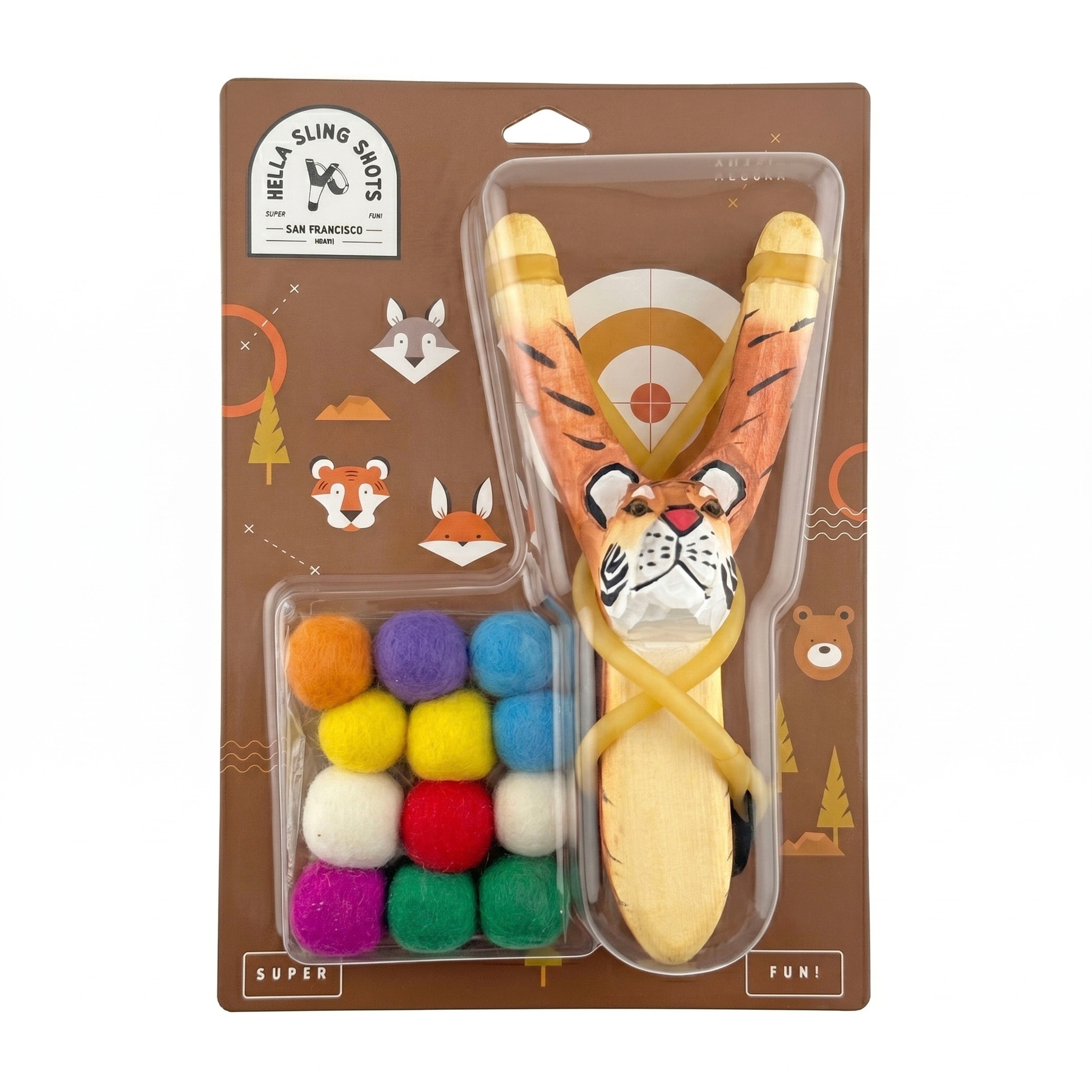 Wooden Tiger Slingshot + Felt Ammo  (pack of 10)