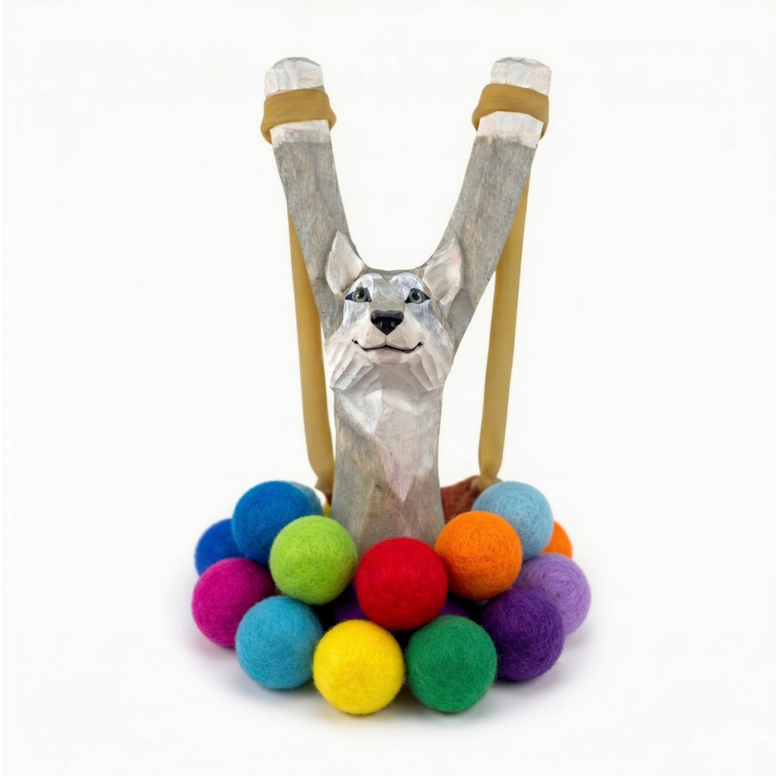 Wooden Wolf Slingshot + Felt Ammo