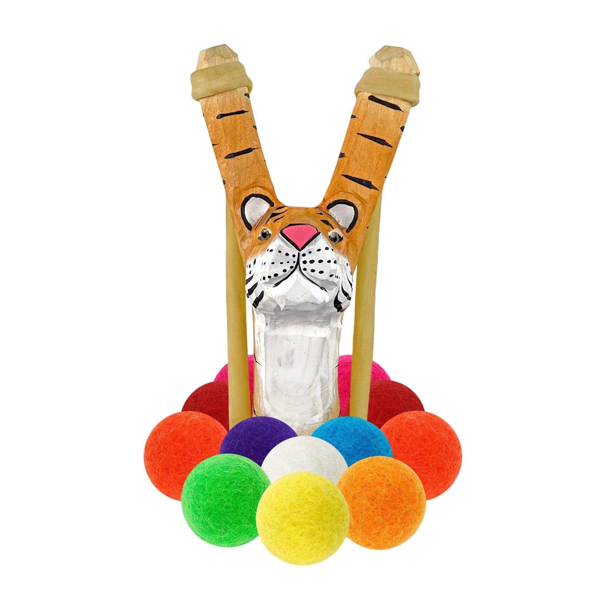 Carved Wooden Tiger Slingshot + Felt Ammo - Hella Slingshot